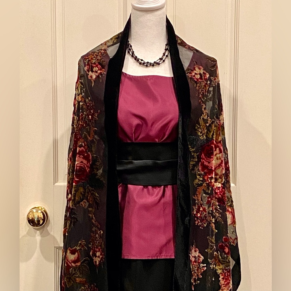 Vintage black shawl with pink and green flowers